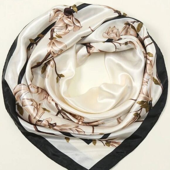 SALE Beige Magnolia Flower Satin Scarf - Picture 2 of 3